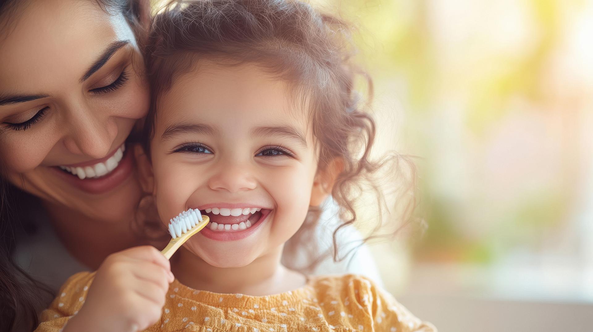 Mother and daughter smiling together while brushing teeth