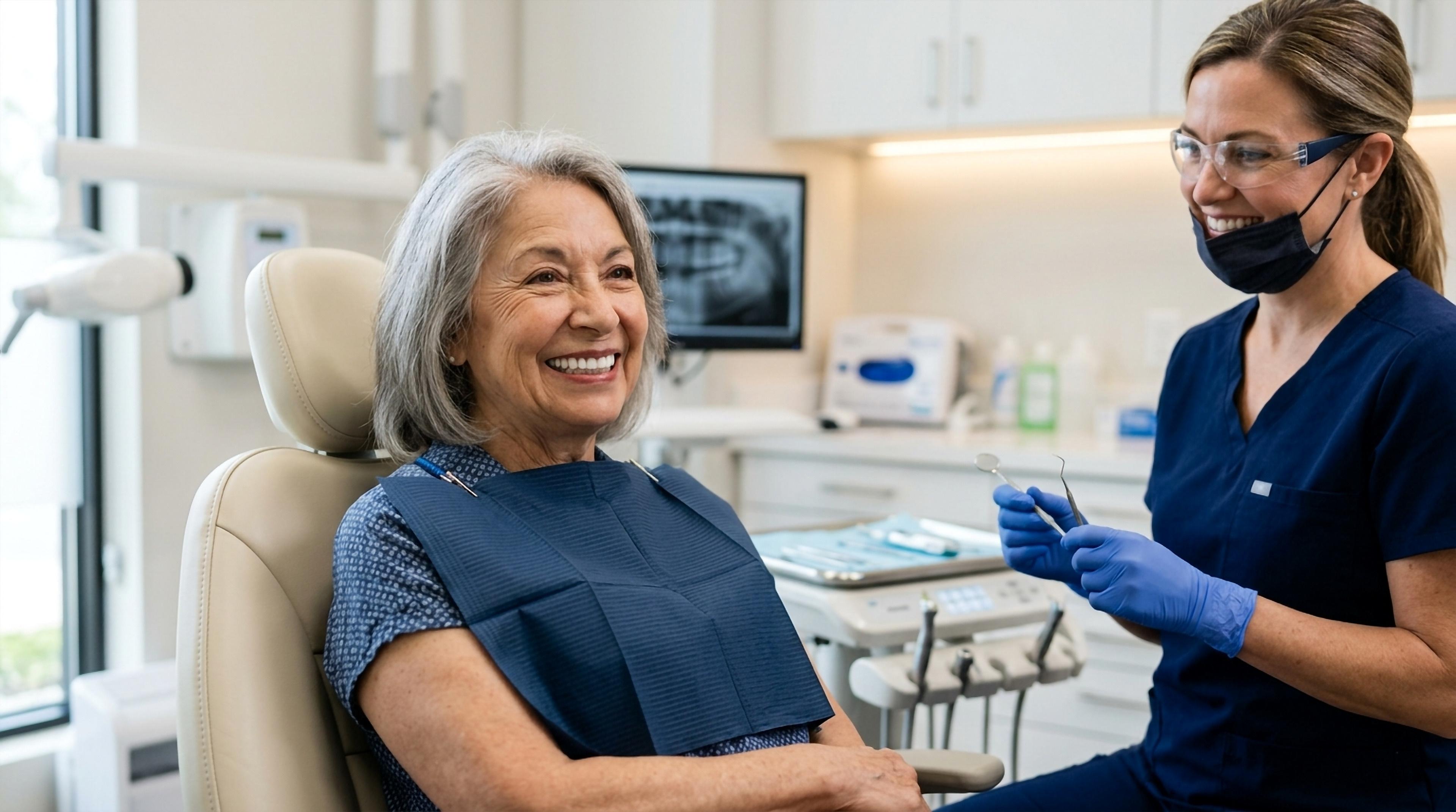 Smiling patient with her dental hygienist during a checkup
